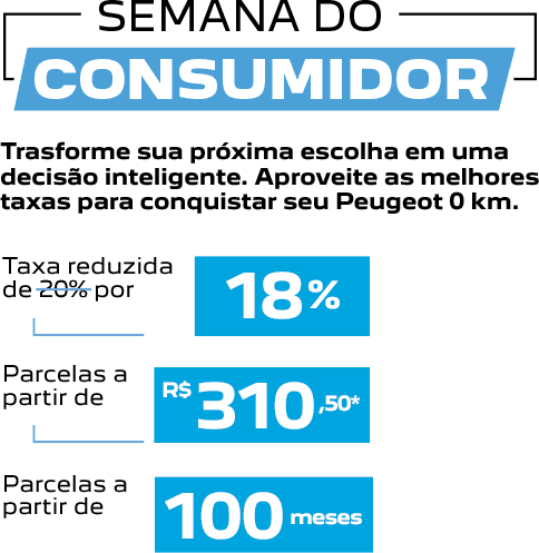 Semana do Consumidor Peugeot Consórcio — Taxa reduzida de 20% por 18%, parcelas a partir de R$ 310,50, prazo estendido de 100 meses.